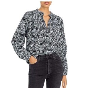 REBECCA TAYLOR La Vie Zebra Animal Print Blouse M Black‎ Blue Long Sleeve